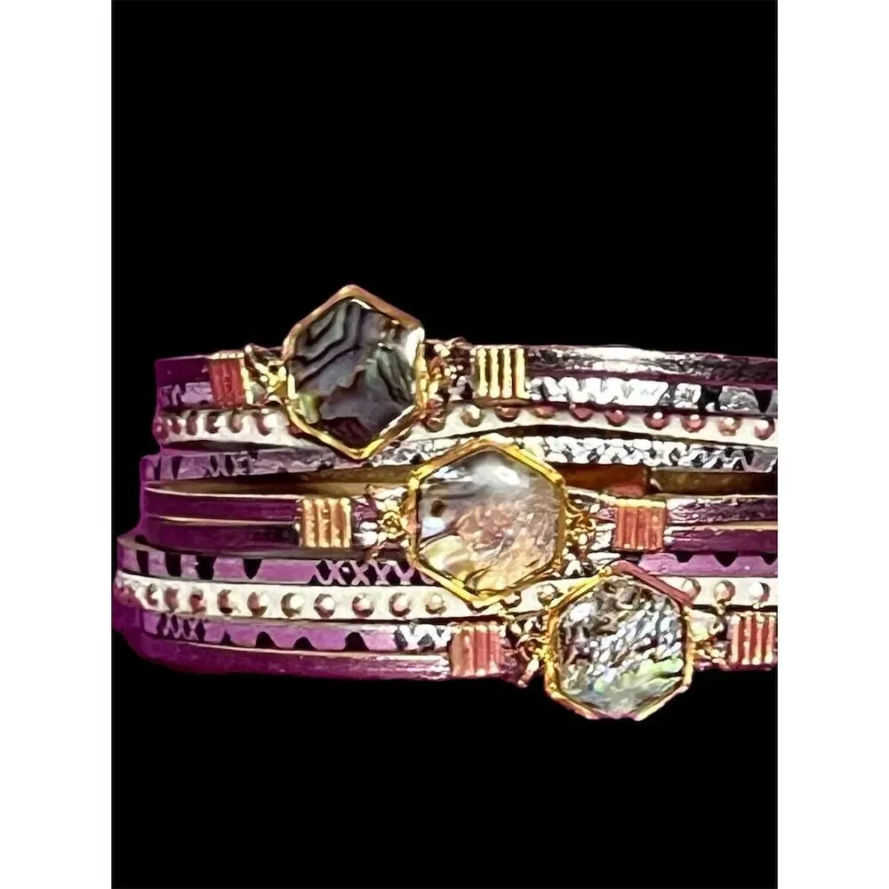 Boho Multi-Layer Leather Bracelet with Natural Stones & Gold Accents - Picture 9 of 13